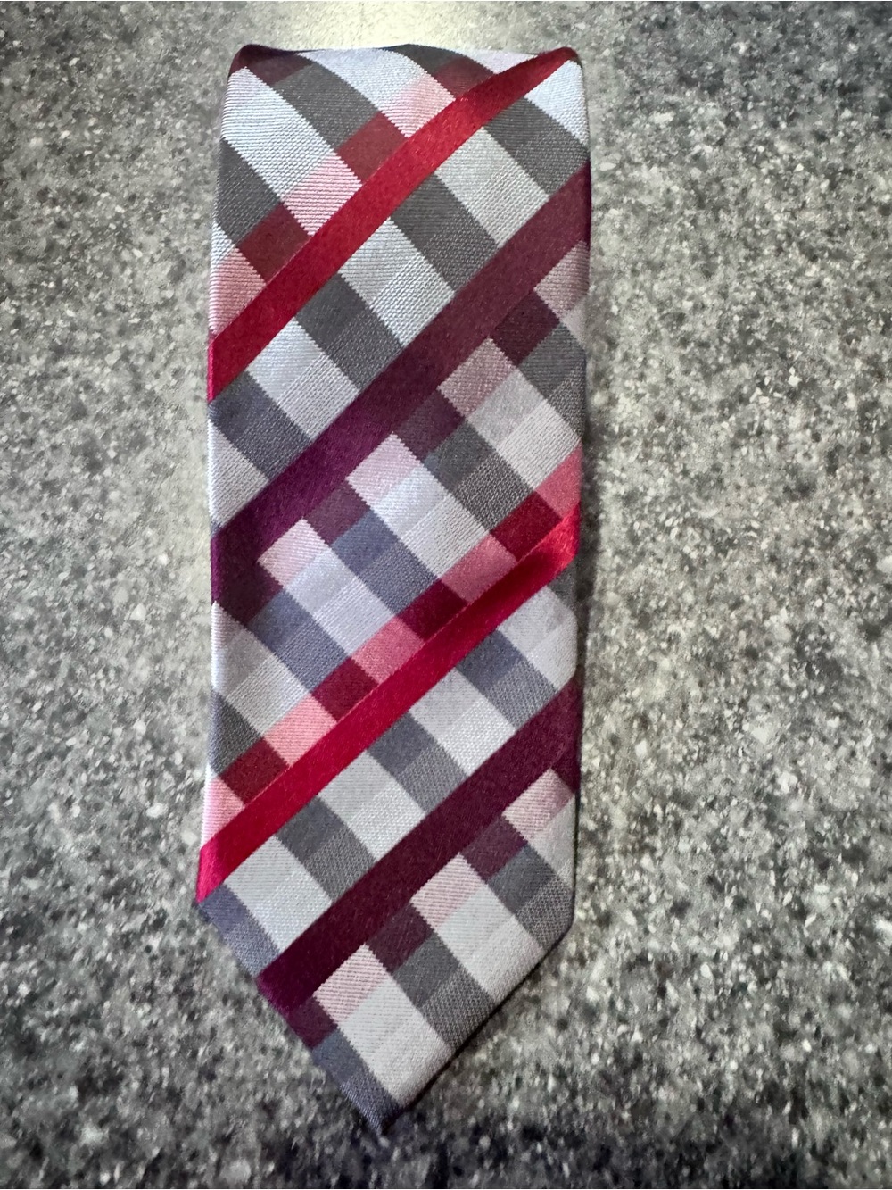 Geoffrey Beene Gray and Burgundy Plaid Silk Tie